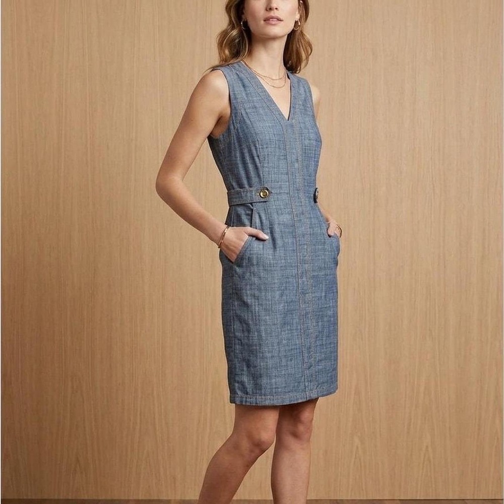 Liz Claiborne Blue Cotton Chambray Sleeveless V-Neck Sheath Dress XL